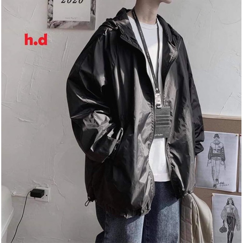 Áo khoác gió mũ 1 lớp trơn đen chun tay hĐ