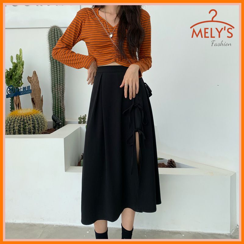 Chân váy Midi xẻ tà dài có dây thắt nơ cá tính phong cách sang trọng có big size Mely's Fashion CV20