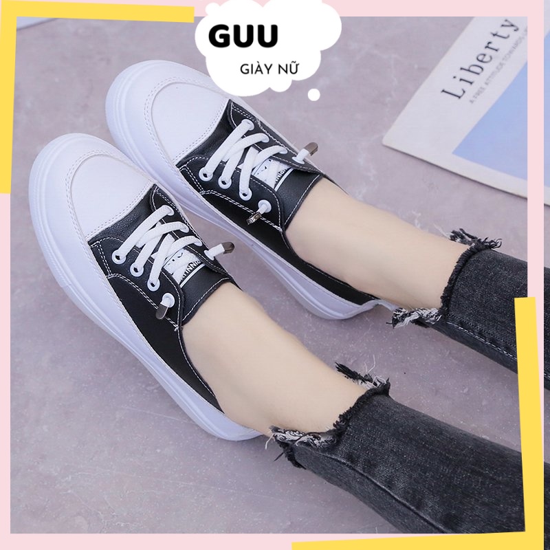 Giày lười nữ da Pu màu đen trắng mix hoa cúc cá tính, slip on nữ