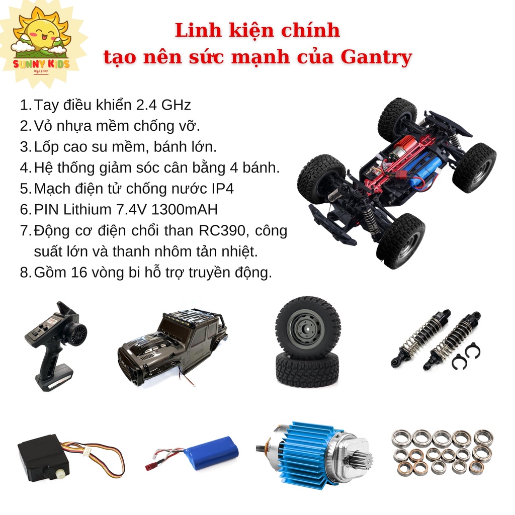Xe địa hình điều khiển từ xa Jeep cao cấp GANTRY 1:16, công nghệ cao, 38km/h, 2.4GHz, 80m, Drift, Off-road - Sunny Kids