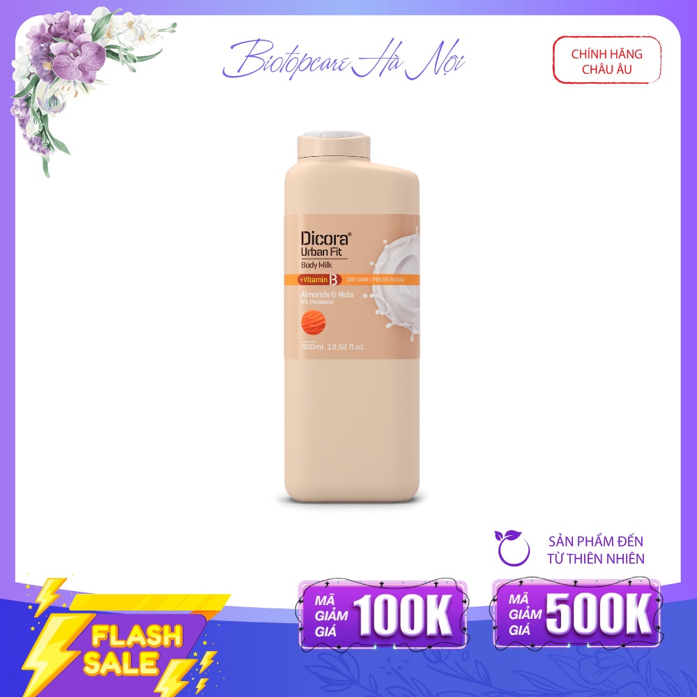 Sữa dưỡng thể Dicora Urban Fit almonds & nuts vitamin B hạnh nhân & các loại hạt 400ml gíup làn mịn màng, căng bóng