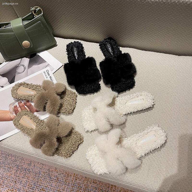 Dép quai ngang đế bằng phối lông cừu phong cách mùa đông cho nữ