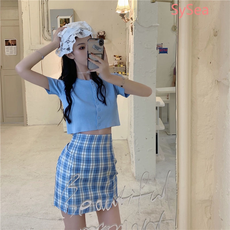 Set Áo Lửng Ngắn Tay + Chân Váy Ca Rô Lưng Cao Thời Trang Dành Cho Nữ