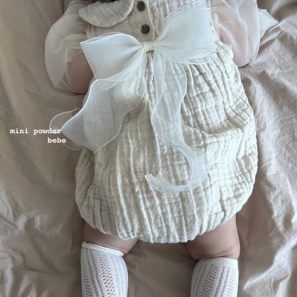 Bộ áo liền quần tay ngắn đính nơ phối vải lưới phong cách mùa hè đáng yêu cho bé