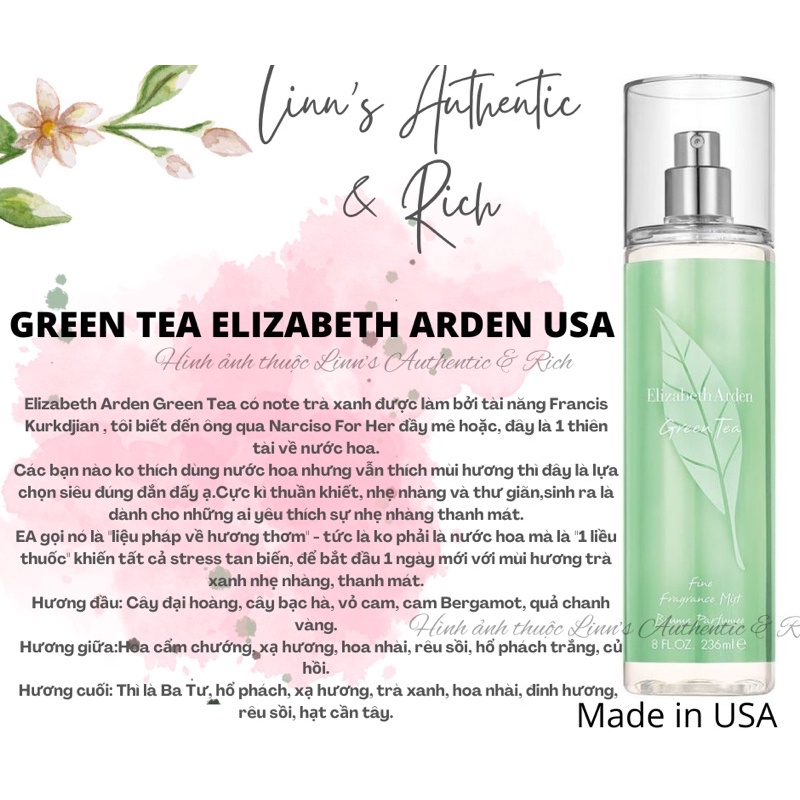 Auth_GREEN TEA | WHITE TEA - Xịt Thơm Nước Hoa Toàn Thân Body Mist Elizabeth Arden USA