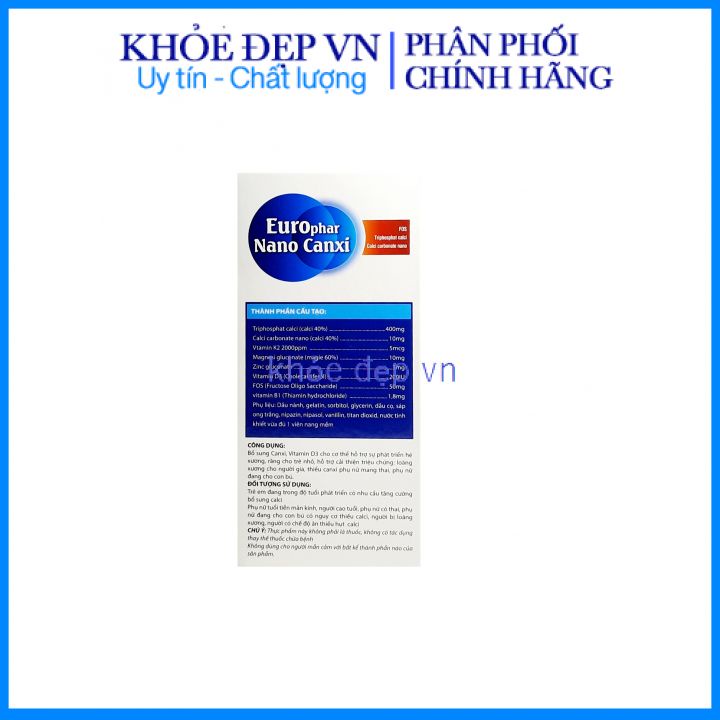 Viên uống Nano Canxi Vitamin K2 D3 bổ sung canxi, hỗ trợ phát triển xương và chống loãng xương – Hộp 60 viên