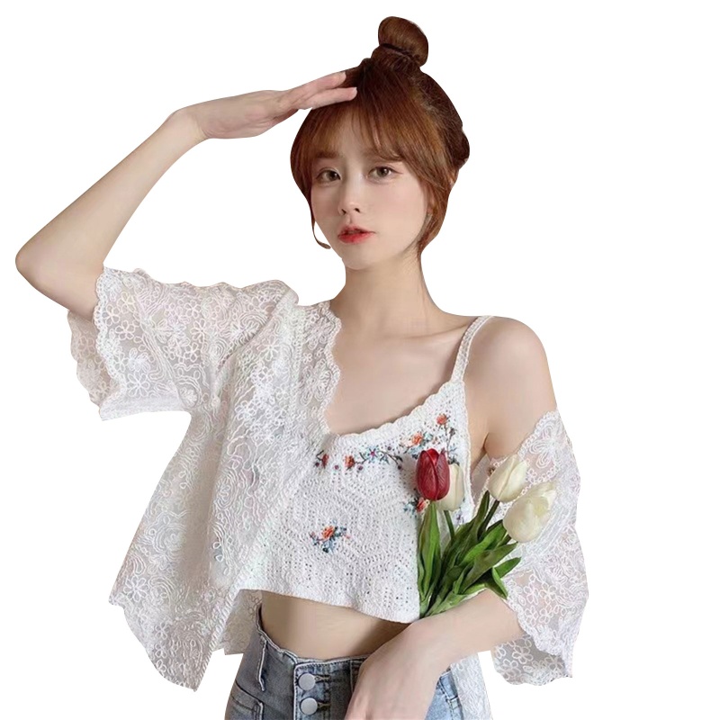 Áo Khoác Cardigan Chống Nắng Tay Dài Dáng Rộng Thêu Hoa Phối Ren Xinh Xắn Cho Nữ