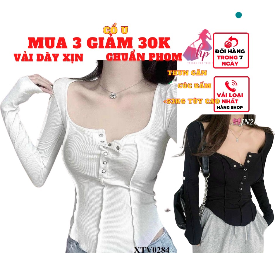 Áo thun gân nữ kiểu viền nổi cổ vuông tay dài cúc bấm ôm body mẫu trơn mẫu mới thời trang nữ 2022
