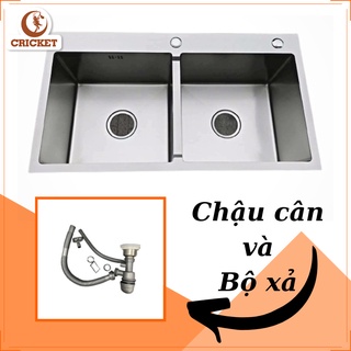 Combo Chậu rửa chén đúc đáy vuông SENTANO 2 hộc CÂN (82x45) inox sus304 - Tặng kèm bộ xả chống hôi