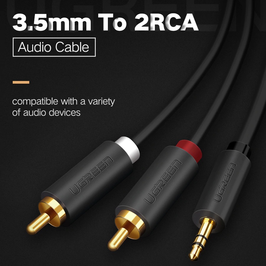 Dây cáp chuyển đổi audio 3.5 sang 2 cổng RCA Ugreen 10772 Mạ vàng, Dài 1m, Bảo hành 18 tháng