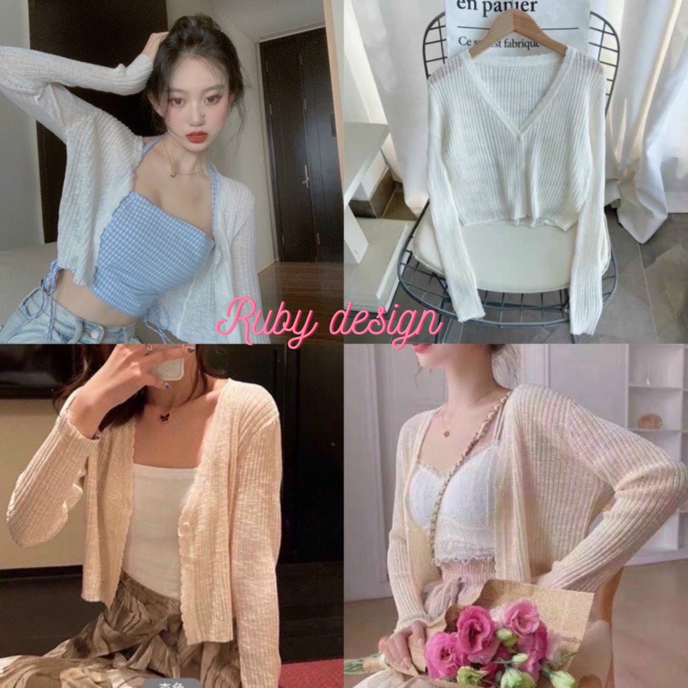 Áo khoác len nữ , áo khoác nữ cardigan dệt kim mỏng thoáng khí tay dài chống nắng dáng croptop 1 cúc phong cách Hàn quốc