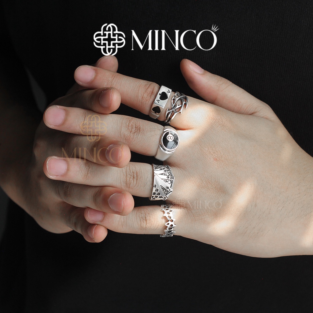 Set 5 Nhẫn Nam màu bạc thái Minco Accessories phong cách unisex thiết kế độc đáo tinh xảo chất liệu Titan không gỉ NT100