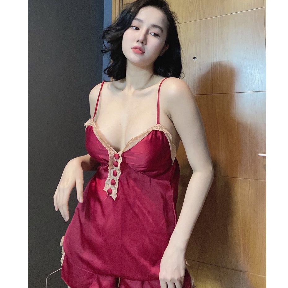 Đồ ngủ sexy / Set bộ 2 dây phối ren đính nút - có mút ngực, chất liệu Satin cao cấp mềm mịn mát, kèm quần xẻ tà so cute