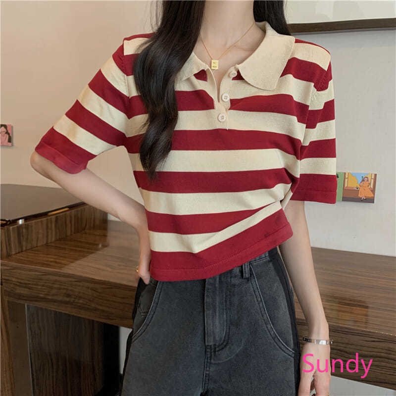 Áo Sơ Mi Cổ Polo Hở Lưng Dáng Rộng Họa Tiết Kẻ Sọc Thời Trang Mùa Hè Quyến Rũ Cho Nữ