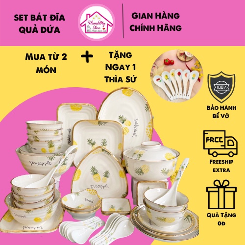 Bộ Bát Đĩa  Hình Quả Dứa Chén Dĩa Dễ Thương Bát Ăn Cơm Đĩa Tô Sứ Decor Cute Đẹp Cao Cấp