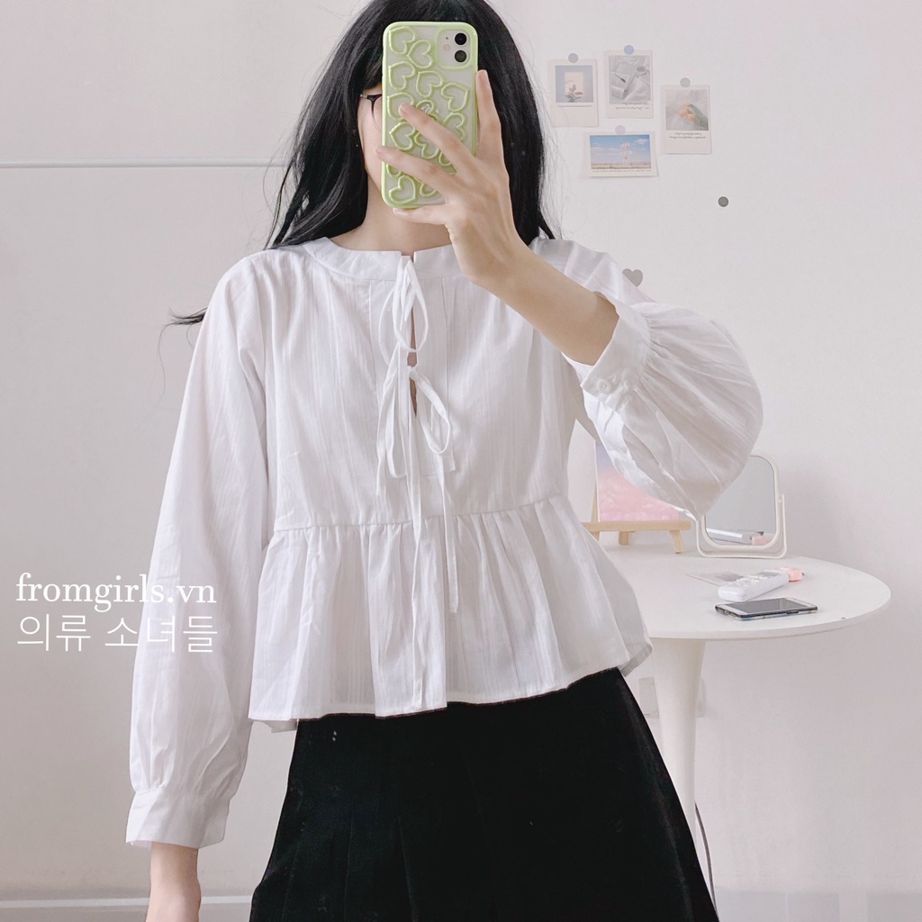 Áo babydoll buộc dây dáng ngắn, áo sơ mi dài tay croptop vạt xòe - SET24