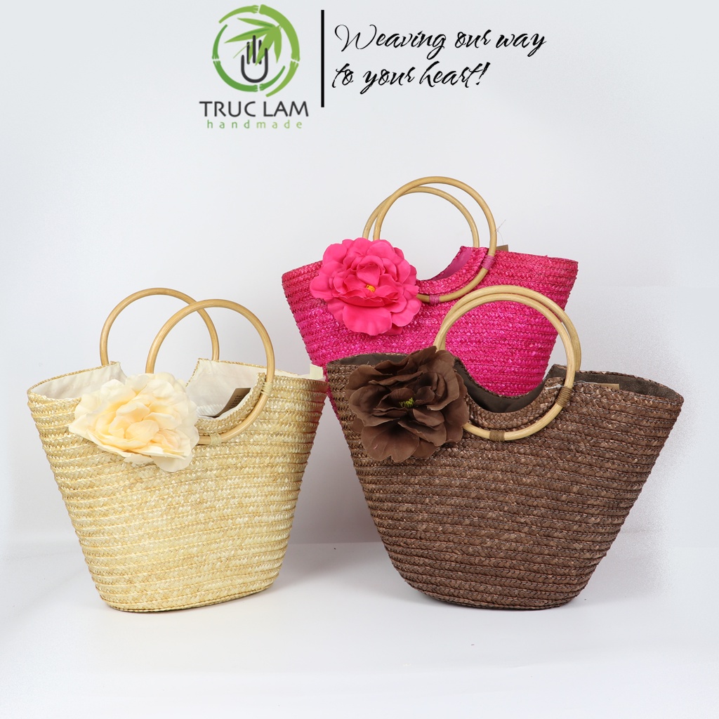 Làn Cói Xách Tay Thời Trang Nữ Quai Mây Tròn Gắn Hoa Lụa – Trúc Lâm Handmade