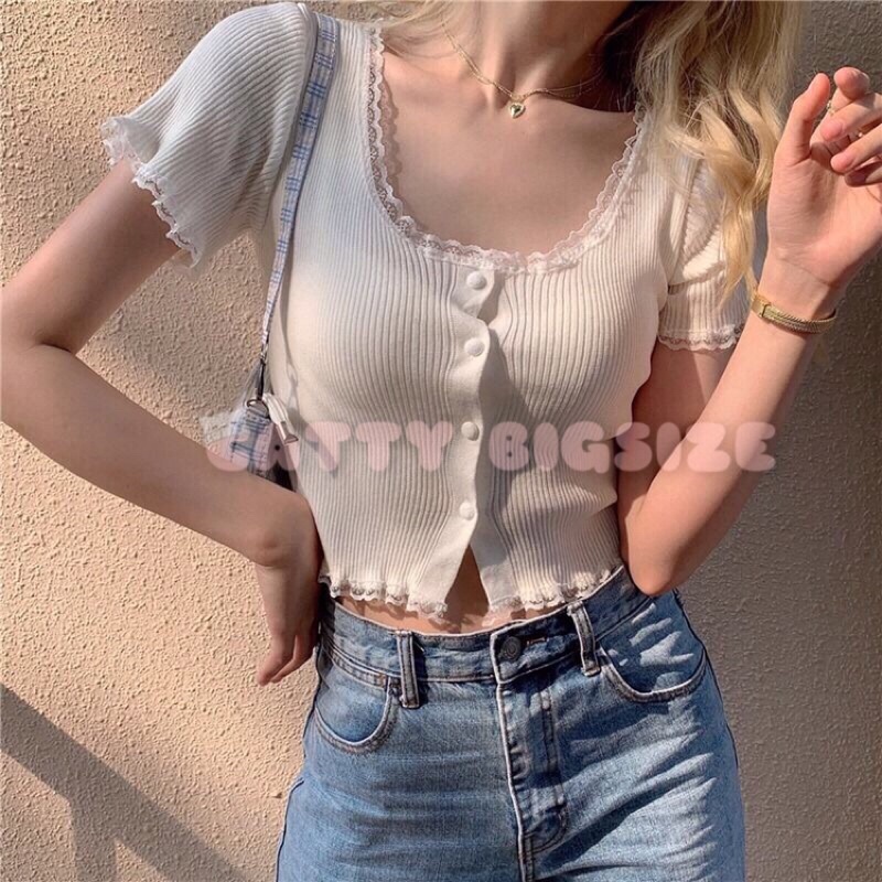 Áo kiểu croptop nút phối ren bigsize - mẫu hot 2021 - vải mềm mịn loại 1