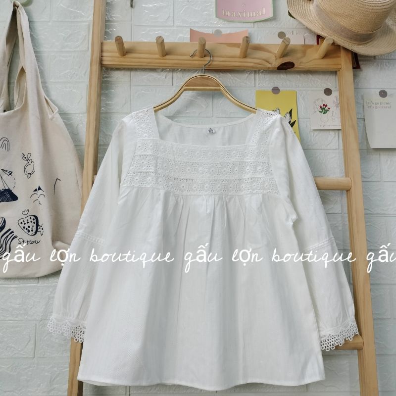 Áo babydoll cổ vuông vintage chất thô mềm ảnh thật