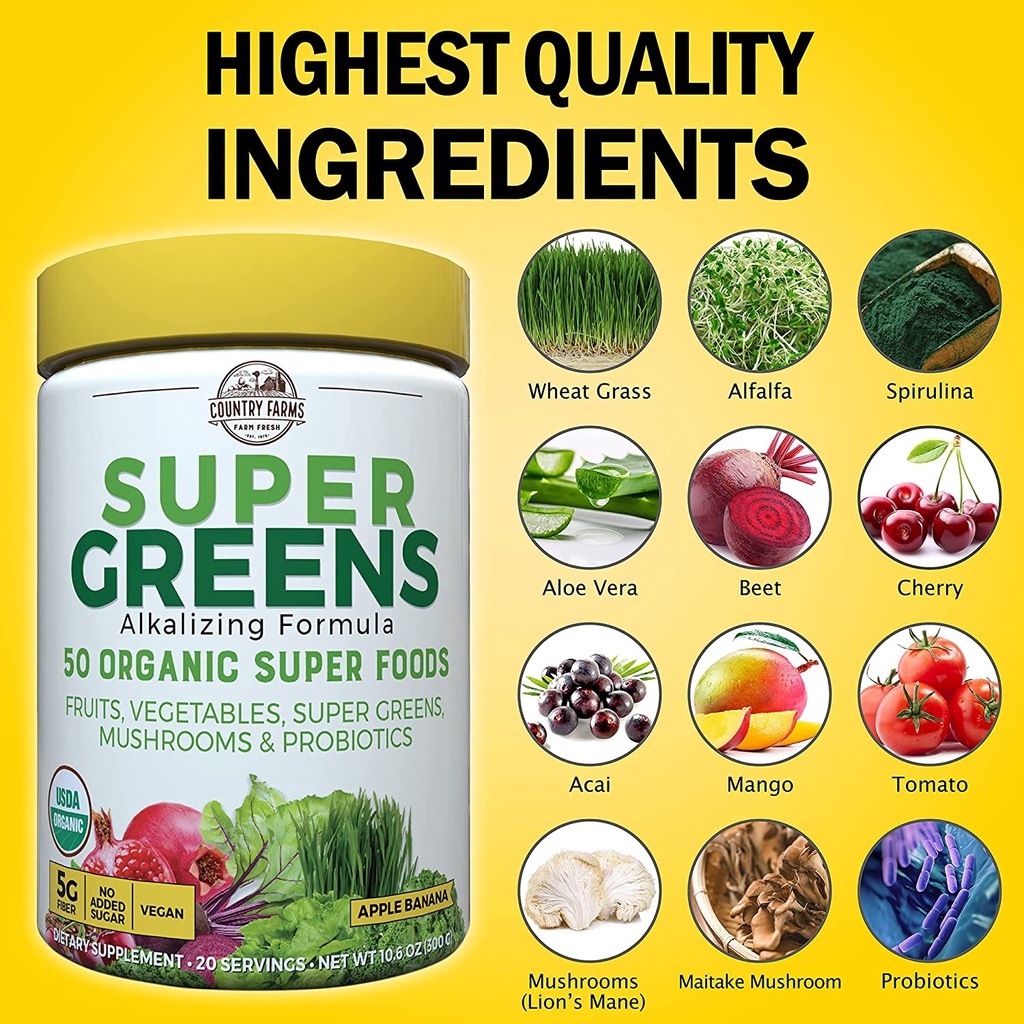 Bột rau củ hữu cơ rau xanh Country Farms Super Greens 50 Organic Super Foods 300g