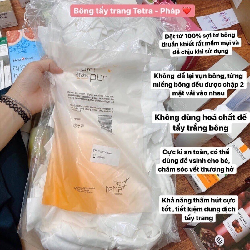 Bông Tẩy Trang Tetra Medical Carrés De Coton Pháp 600 miếng cotton tự nhiên mềm mịn Linh Giang chính hãng