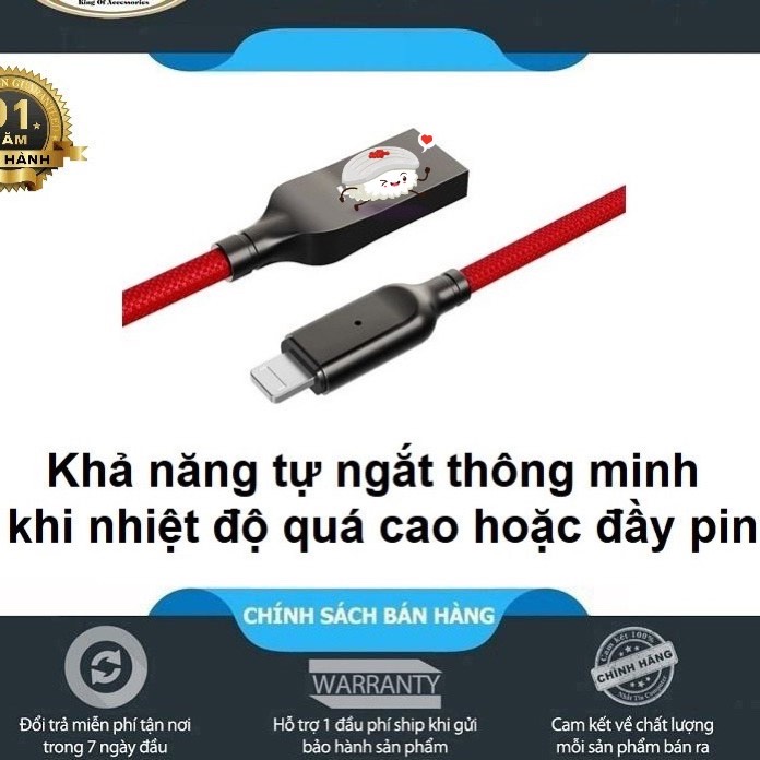 CHÍNH HÃNG  Cáp sạc tự ngắt và truyền dữ liệu Pisenn AL26-1200 cổng dài 1.2M cho ip IPA.D tablet táo,dây dù,có đèn b