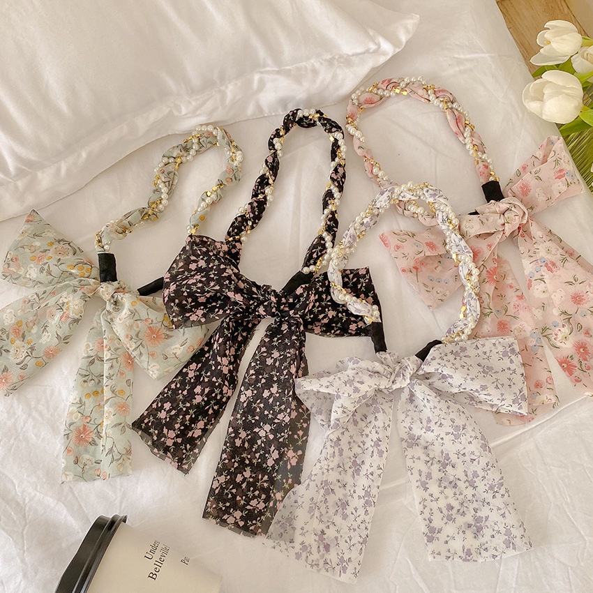 Dây cột tóc bện đính hoa và ngọc trai cho nữ