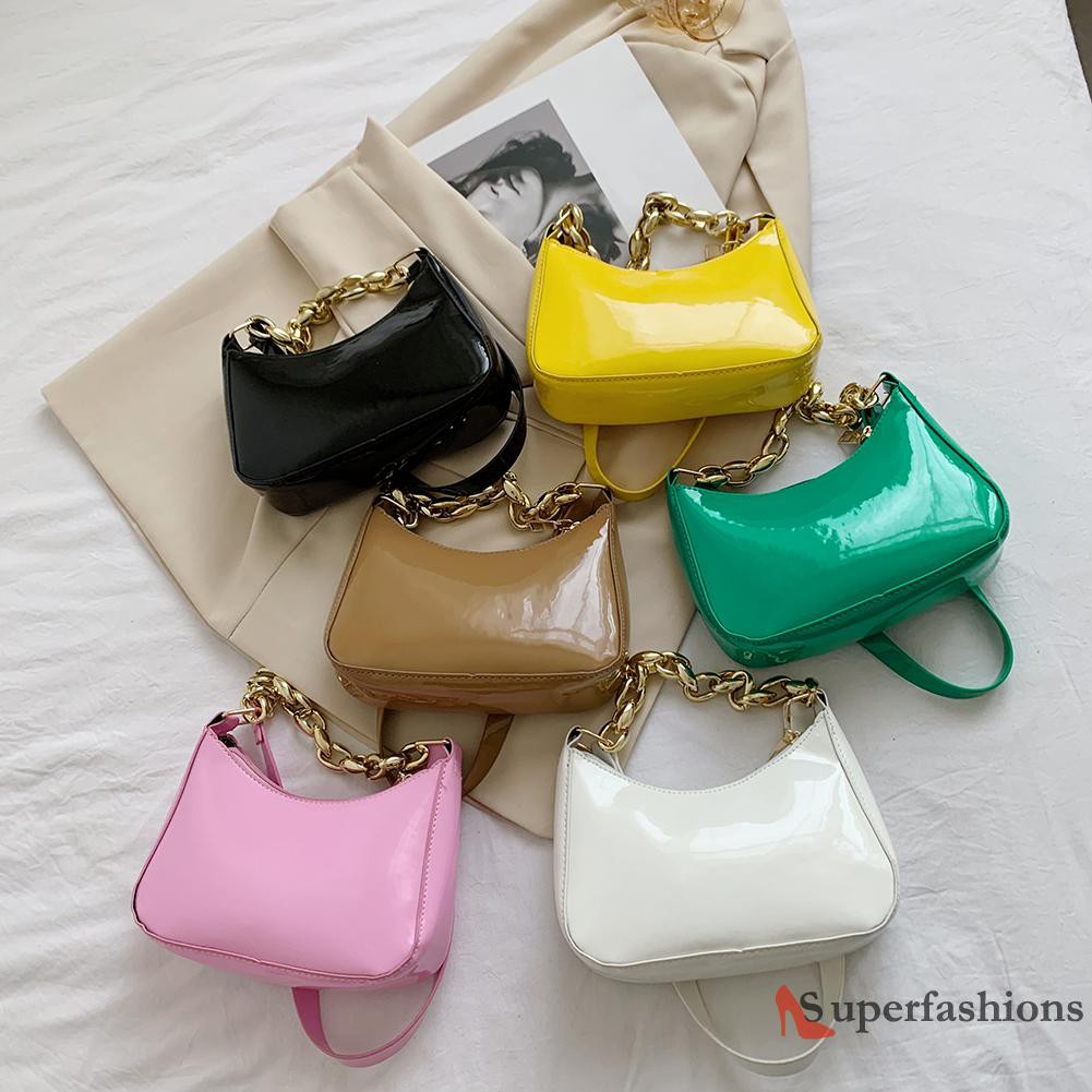 【Hot Sale】Fashion Women PU Pure Color Underarm Bag Thick Chain Small Hobos Handbags