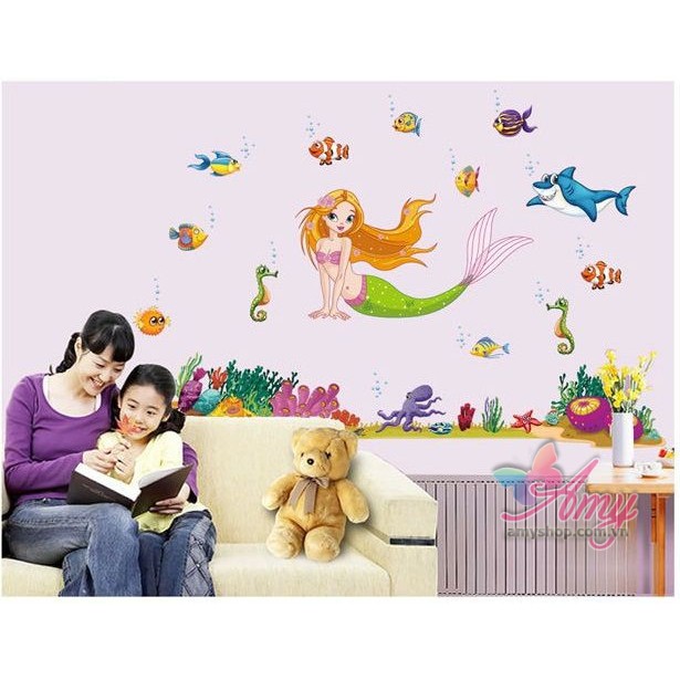 Decal dán tường Nàng tiên cá - dán phòng cho bé yêu dễ thương ngộ nghĩnh - decal có keo sẵn, bóc dán ngay AmyShop