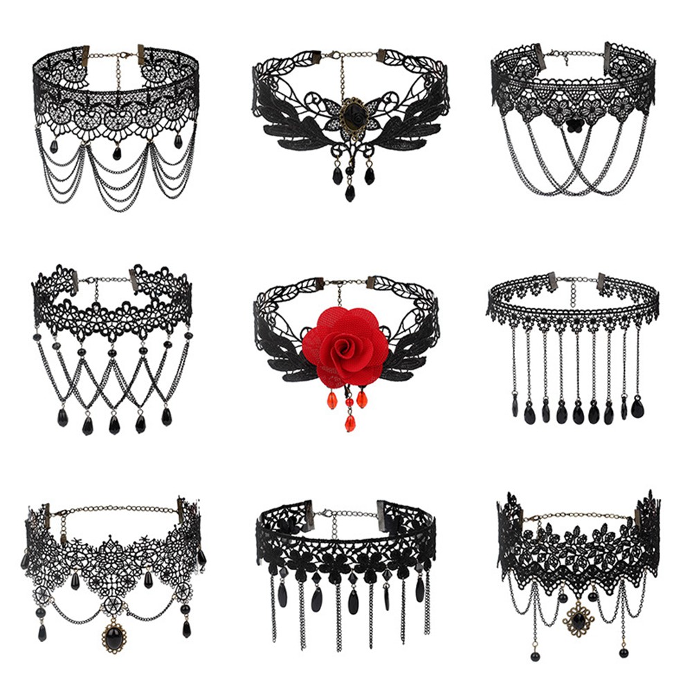 Vòng Cổ Choker Vải Ren Màu Đen Phong Cách Steampunk Gothic Sang Trọng Quyến Rũ|Mặt Dây Chuyền