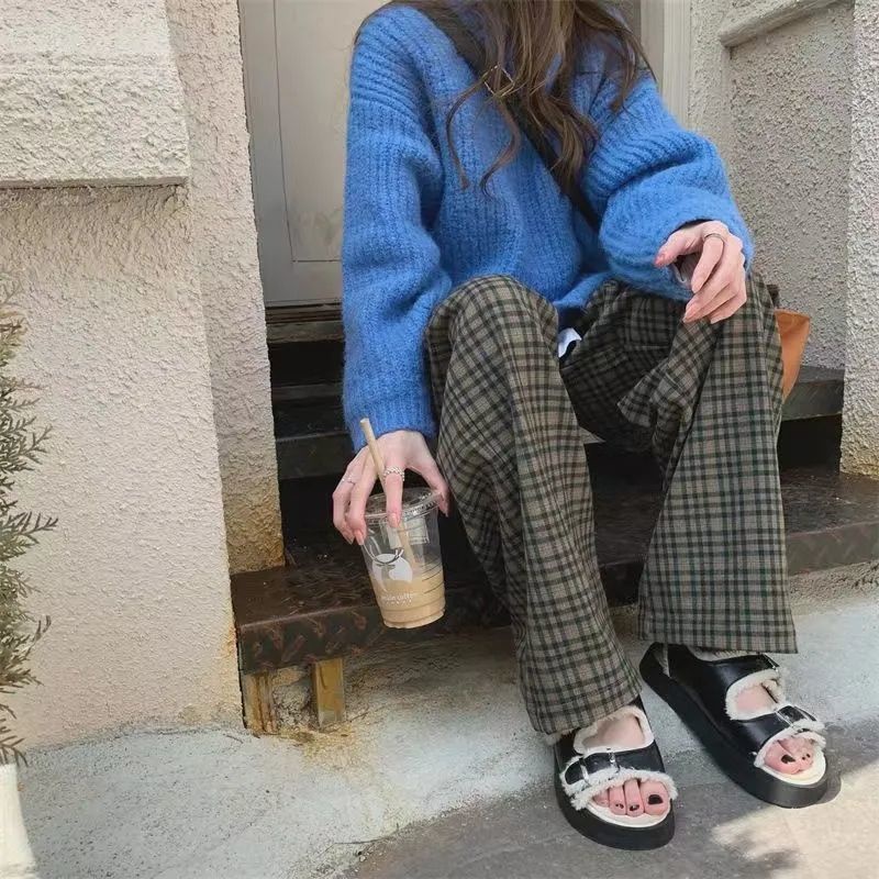 Quần Dài Ống Rộng Họa Tiết Sọc Caro Thời Trang Phong Cách Hàn Quốc Cho Nữ