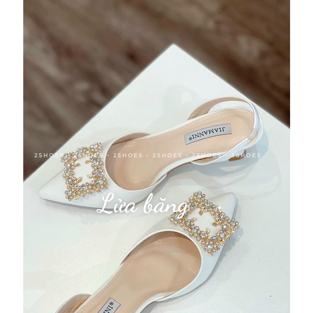 Sandal Giày cao gót mũi hoa đá vuông gót nhọn 5 phân và bệt quai thun sau