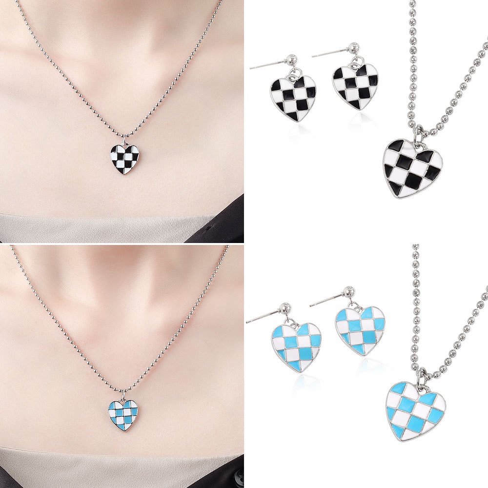Bộ Vòng cổ + Bông Tai Hình Trái Tim Họa Tiết Bảng Đen Trắng Thời Trang