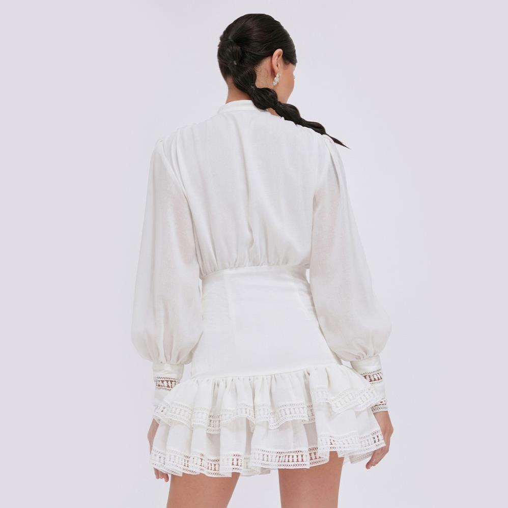 DEAR JOSÉ - Đầm ngắn suông tay dài Misty vải linen phối ren trắng M_*6