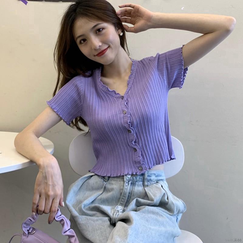 Áo Croptop Dệt Kim Phối Nút Thiết Kế Cổ Chữ V Nữ Tính