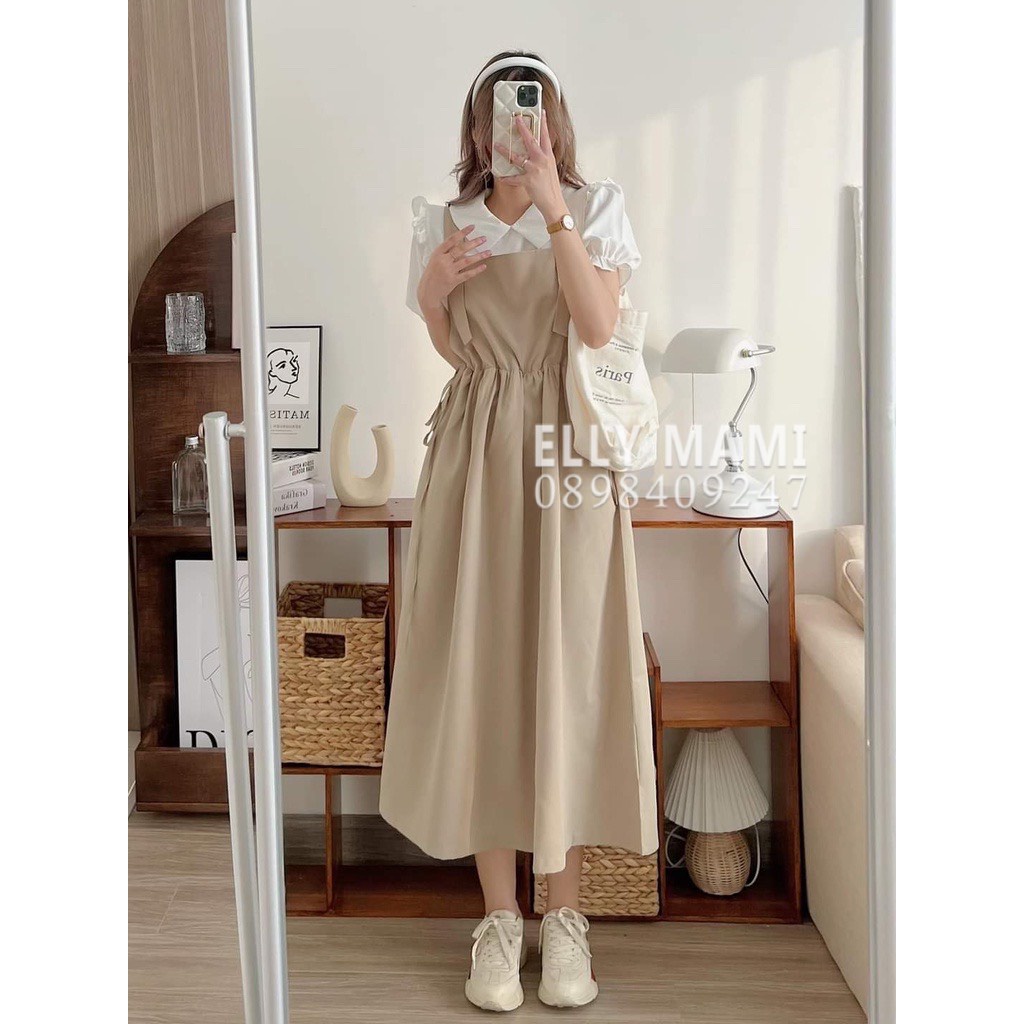 ( 40kg - 85kg ) Set Yếm Bầu , Suông Cúc Sơmi Tay Phồng From Dễ Mặc Thoải Mái Suốt Thai Kì &amp; Sau Sinh ( Yếm + Áo )