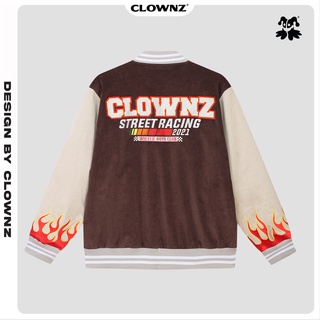 Áo khoác Varsity jacket unisex local brand Clownz Corduroy Racing Flames màu nâu, chất vải nhung, form rộng