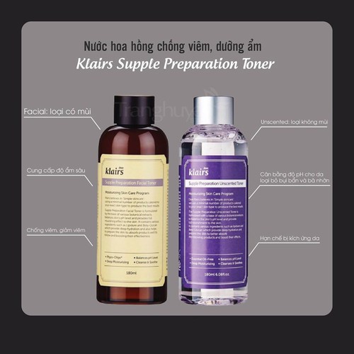 Nước hoa hồng Klairs Supple Preparation Toner Dưỡng Ẩm Da Và Làm Mềm Da không mùi, có mùi 180ml