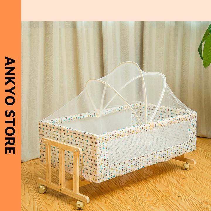 Nôi gỗ cho bé lắc lư tiện lợi, Nôi đung đưa nhẹ nhàng có bánh xe và màn chống côn trùng-Ankyo Store