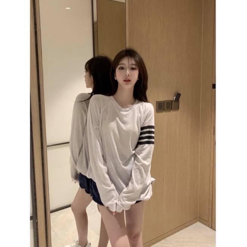 Áo thun tay dài kiểu nữ oversize form rộng sọc vằn thome browne - Order taobao quảng châu