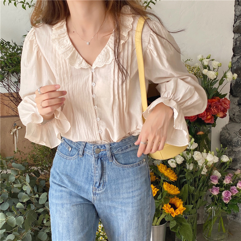 Áo kiểu Peppermint 37488 tay dài phối bèo thiết kế cổ chữ V màu trơn tùy chọn