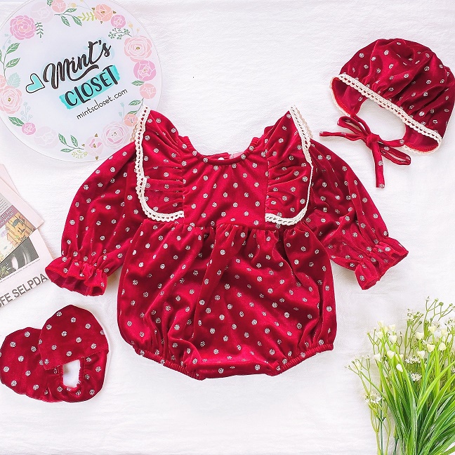 [Giá Sốc] Body Đỏ Chấm Bi Nhũ Chất Nhung Mềm Mịn Giữ Ấm Tốt Cho Bé Gái Từ 0-24 Tháng Tuổi - BS6010
