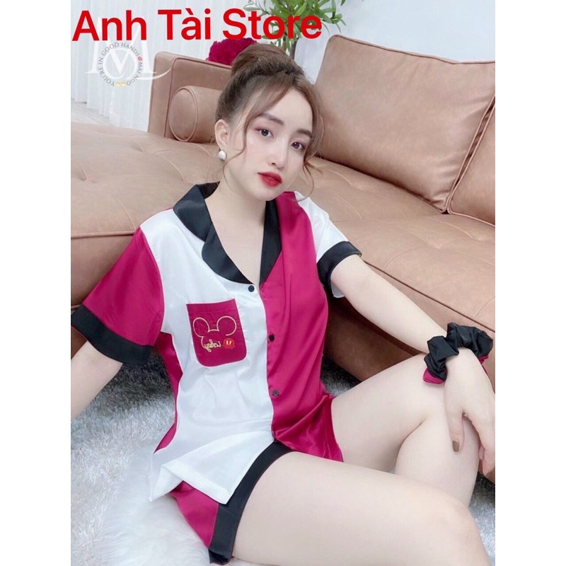 Bộ ngủ pijama nữ tay cộc quần đùi lụa Satin Hàn mềm mát không nhăn không bai xù overs size đến 60kg phong cách Hàn AT116