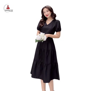 Đầm Nữ NHẬT VY Cổ Tim Tay Chun Chiết Eo Chất Lụa Công Sở Dáng Xoè Tầng Màu Xanh, Đen  - D2265