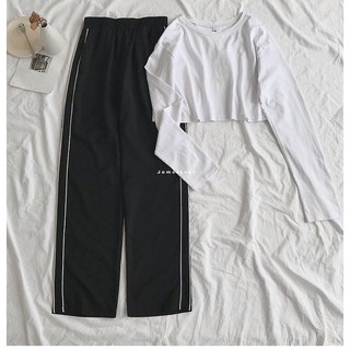Set quần ống suông đen viền trắng kèm áo croptop tay dài trắng trơn