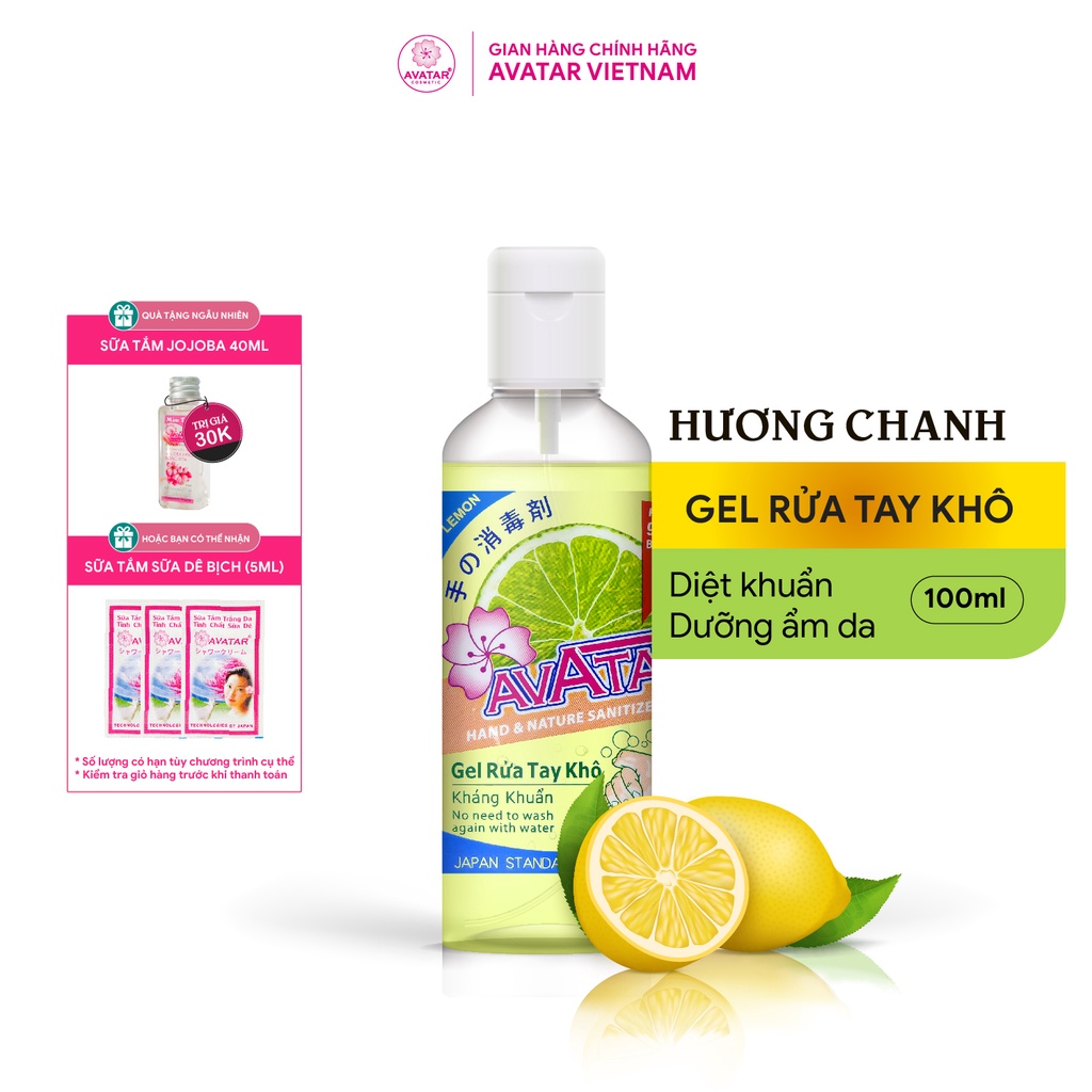 Gel Rửa Tay Khô Hương Chanh Tươi Mát Làm Sạch Vượt Trội, X3 Dưỡng Ẩm Không Gây Khô Da AVATAR 100ml (dạng nắp) | BigBuy360 - bigbuy360.vn