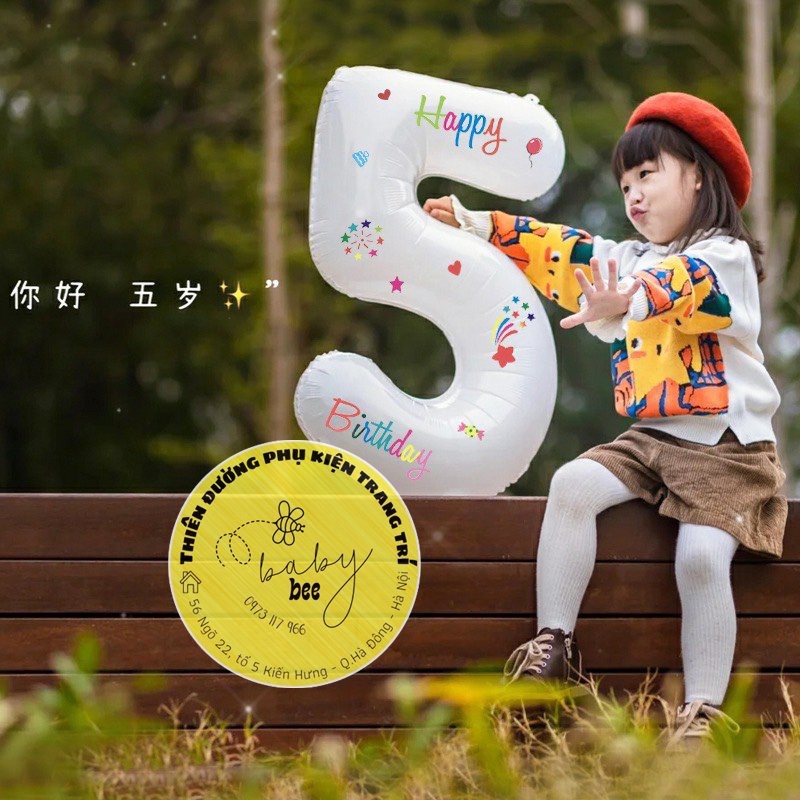 Bóng Số Màu Trắng Kèm Decan Hoạ Tiết Xinh Xắn trang trí sinh nhật nhà Baby bee