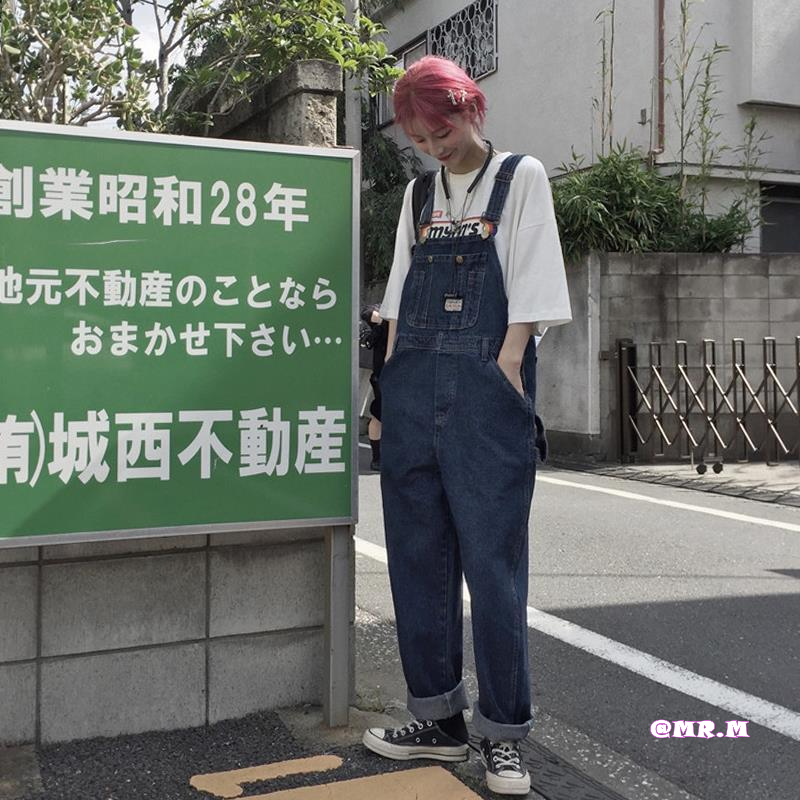 Quần jean Unisex Quần Yếm Denim Dáng Rộng Phối Túi Lớn Phong Cách Hàn Quốc Cá Tính Cho Nam