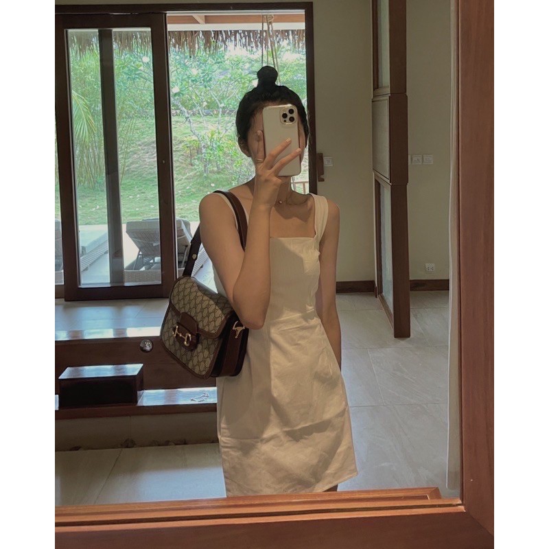 Váy 2 dây bản to chất thô, Đầm hai dây cổ vuông bản to lưng chun sau freesize