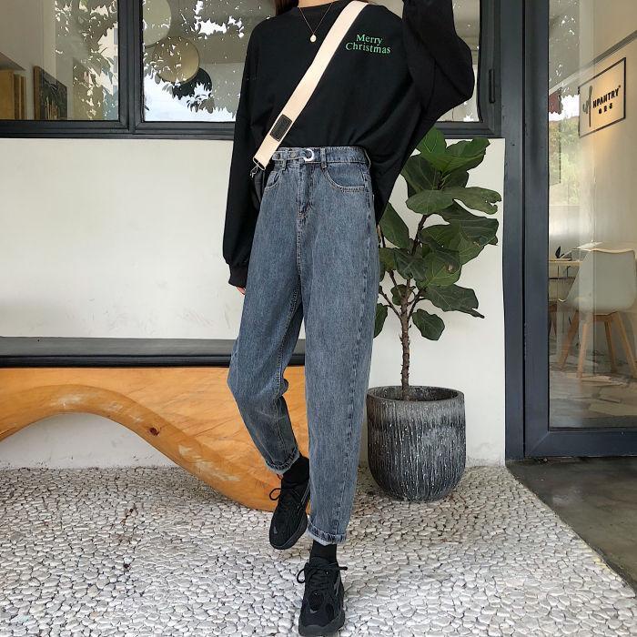Quần Jeans Dài Lưng Cao Dáng Rộng Thời Trang Mùa Đông Hàn Quốc Cho Nữ